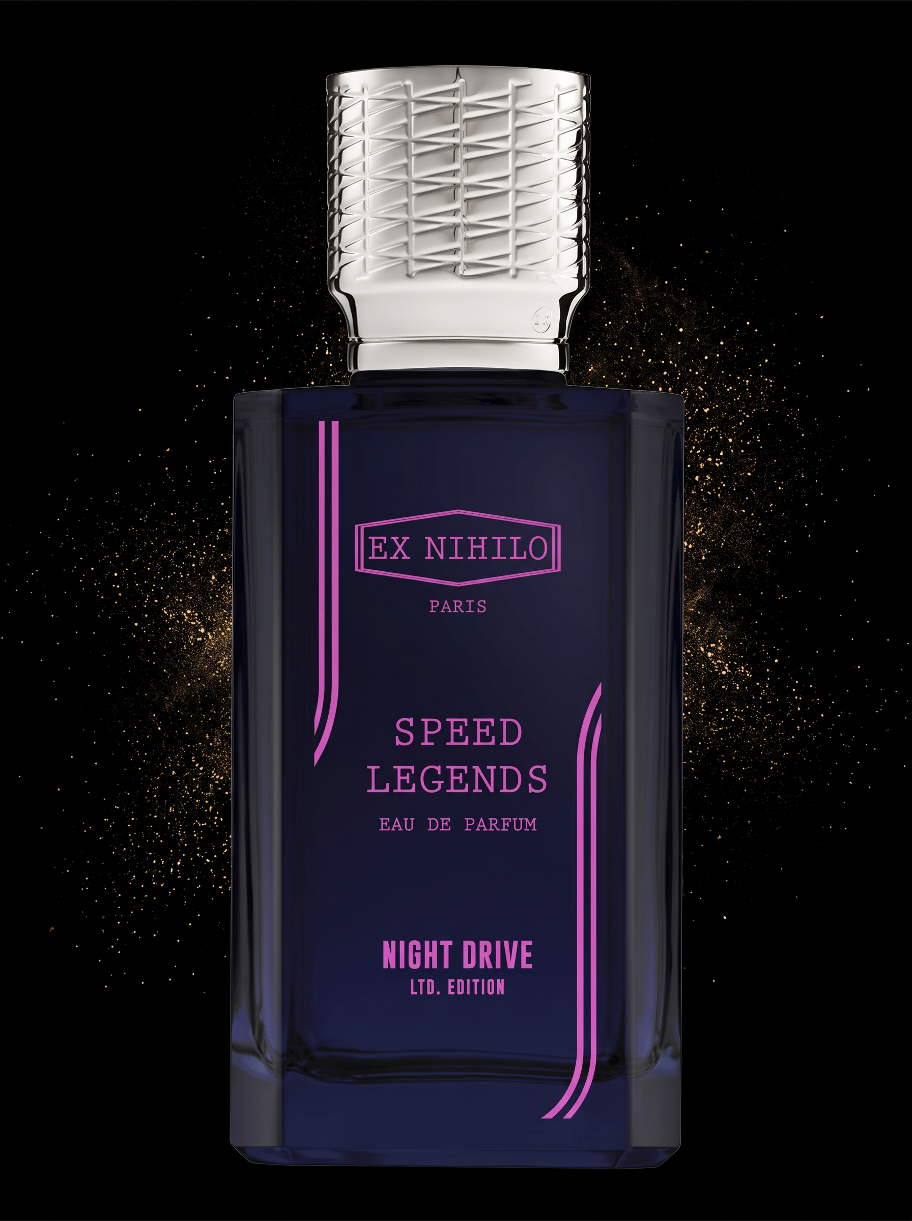 Ex Nihilo Speed Legends Night Drive 100ml Eau de Parfum bottle on a black background with gold dust